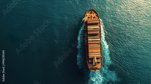 Aerial View of Cargo Ship in Ocean with Rows of Containers for Logistics Branding