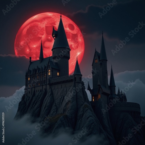 A mystical castle stands out against a vibrant red moon with ominous clouds conveying fantasy and intrigue