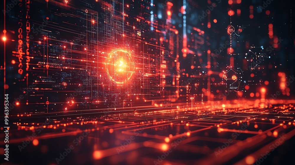 Naklejka premium Abstract digital background with glowing red lines and data streams.