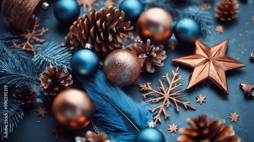 Modern blue and brown festive background featuring stars pine cones snowflakes feathers and copper blue Christmas ornaments in a boho style