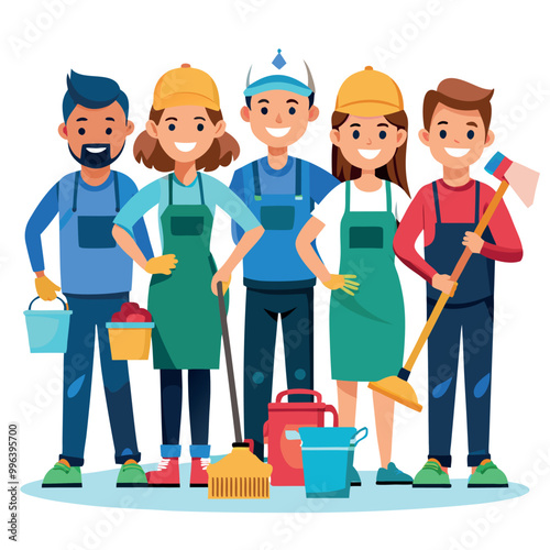 Cleaning service at home janitors team in uniform vector art illustration
