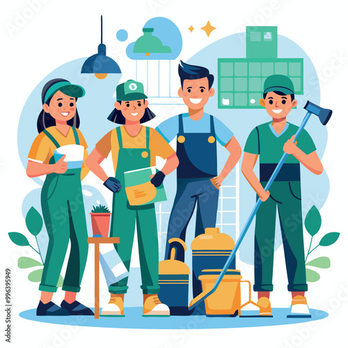 Cleaning service at home janitors team in uniform vector art illustration
