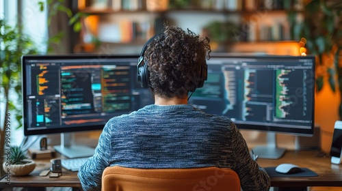Rear view of a person working on a computer in a home office with plants.