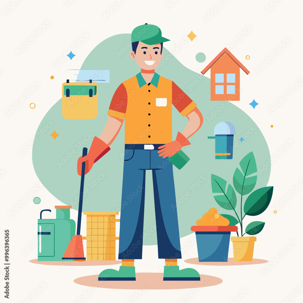 Cleaning service at home janitors team in uniform vector art illustration
Cleaning service at home janitors team in uniform vector art illustration