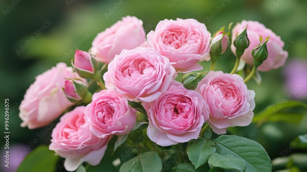 A stunning arrangement of pink roses displays their delicate petals and vibrant green leaves inspiring emotions of beauty and tenderness A stunning arrangement of pink roses displays their delicate petals and vibrant green leaves inspiring emotions of beauty and tenderness