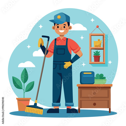 Cleaning service at home janitors team in uniform vector art illustration
