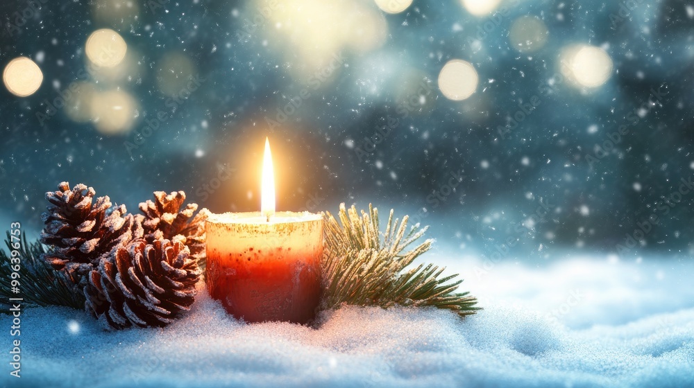 Christmas banner featuring a burning candle and pine cones set against a snowy backdrop Christmas banner featuring a burning candle and pine cones set against a snowy backdrop