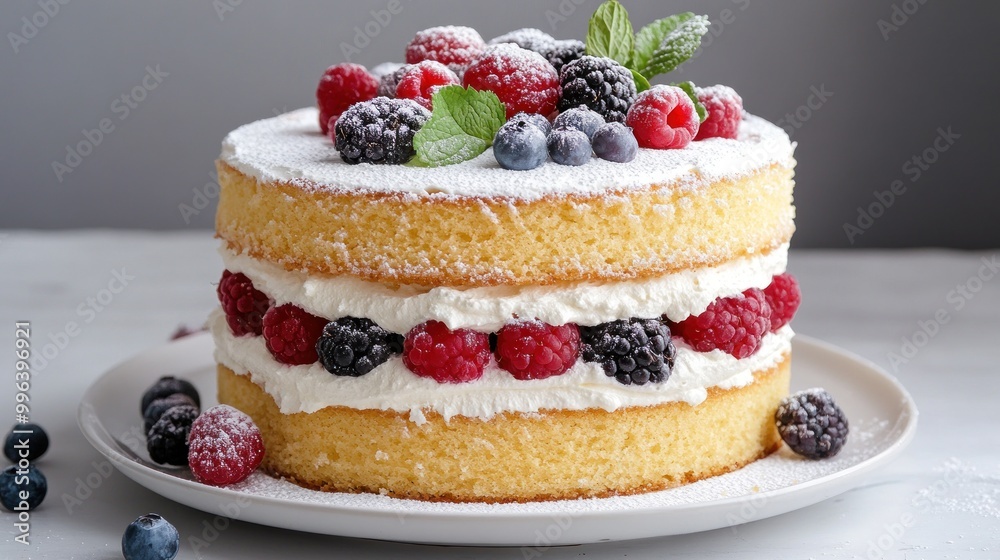 A delicious layered cake topped with fresh berries and powdered sugar. A delicious layered cake topped with fresh berries and powdered sugar.