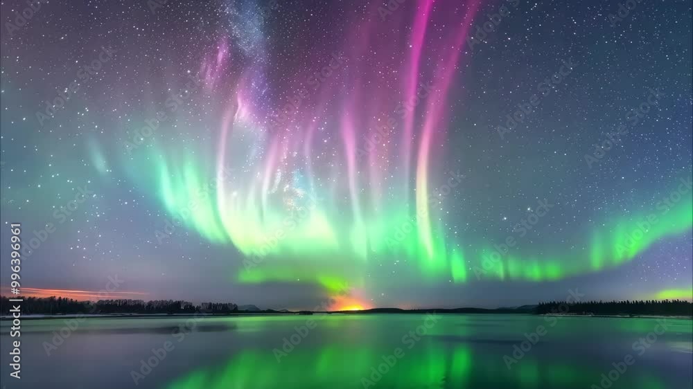 A stunning display of the Northern Lights (Aurora Borealis) illuminating the night sky over a calm lake. A stunning display of the Northern Lights (Aurora Borealis) illuminating the night sky over a calm lake.