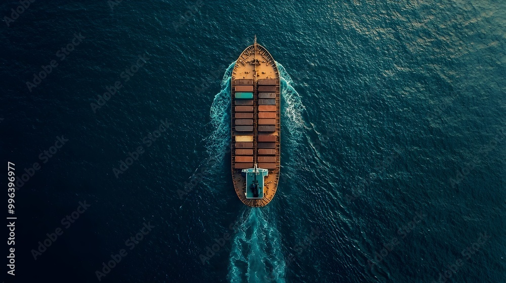 Top View Cargo Ship Surrounded by Open Ocean with Copy Space for Transportation Industry Ads Top View Cargo Ship Surrounded by Open Ocean with Copy Space for Transportation Industry Ads