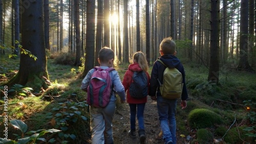 Kids taking a nature hike through a lush forest, exploring the beauty of the outdoors. The trail lead to a serene clearing