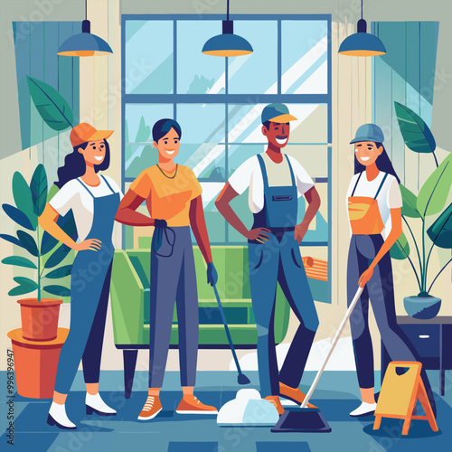 Cleaning service at home janitors team in uniform vector art illustration
