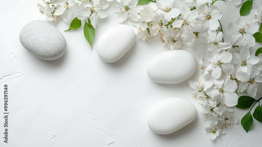 White spa stones arranged on a white surface accompanied by delicate flowers White spa stones arranged on a white surface accompanied by delicate flowers