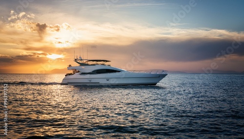 Luxurious expensive white yacht boat on sea or ocean water during the sunset photography