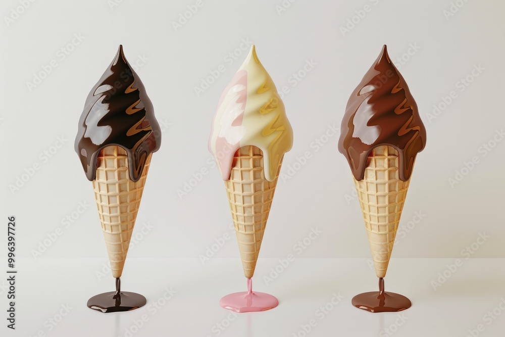 Three stacked ice cream cones on a surface, ideal for use in advertising or promotional materials Three stacked ice cream cones on a surface, ideal for use in advertising or promotional materials