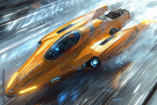 A futuristic yellow spaceship speeding. Great for sci-fi or speed concepts.