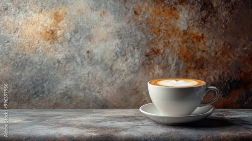 Cappuccino in a cup on a table with a textured gray and brown backdrop photo