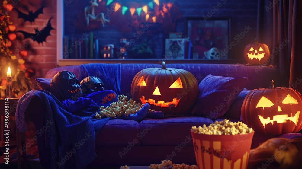 Obraz premium A Halloween movie night scene with friends cozying up on the couch, popcorn in hand, surrounded by spooky decorations.