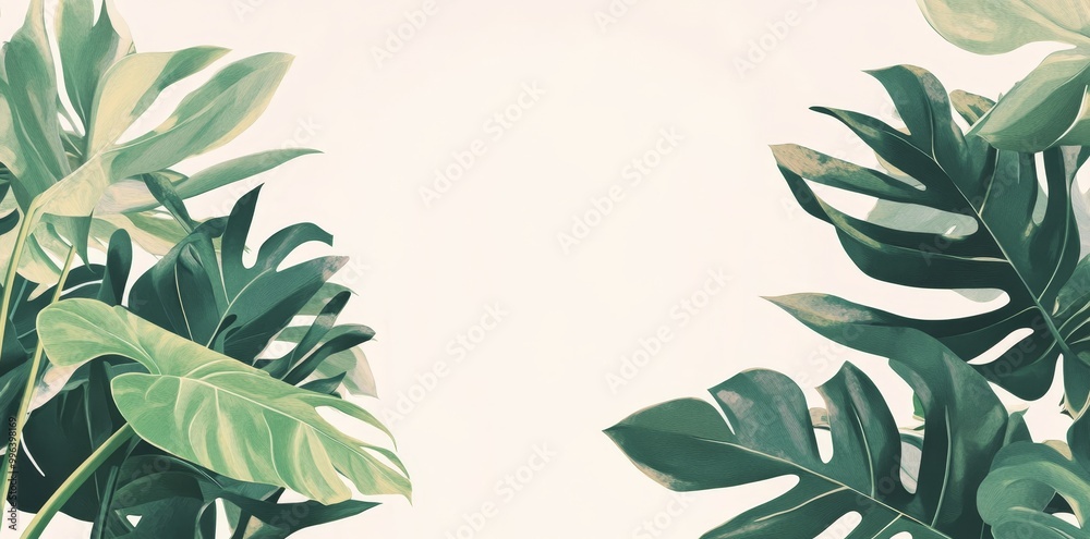 Background design of green tropical forest with monstera leaves, palm leaves, branches. Exotic plants for banners, prints, decor, wall art, and more. Background design of green tropical forest with monstera leaves, palm leaves, branches. Exotic plants for banners, prints, decor, wall art, and more.