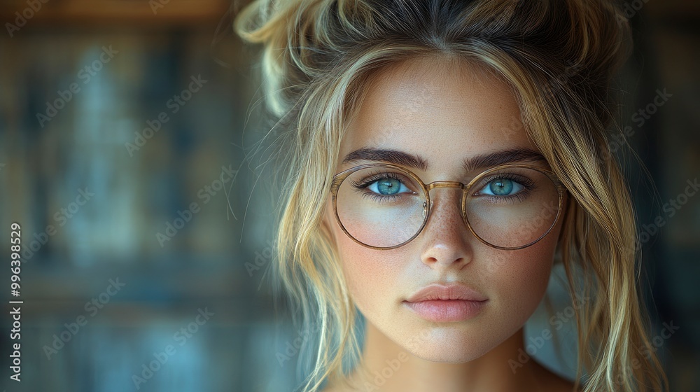Portrait of a Young Woman with Blue Eyes and Glasses Portrait of a Young Woman with Blue Eyes and Glasses