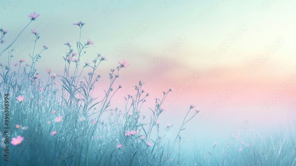 Gentle breeze swaying grass and flowers against a misty morning sky Serene and tranquil scene embodies a minimalistic zen atmosphere with pastel spring hues Gentle breeze swaying grass and flowers against a misty morning sky Serene and tranquil scene embodies a minimalistic zen atmosphere with pastel spring hues