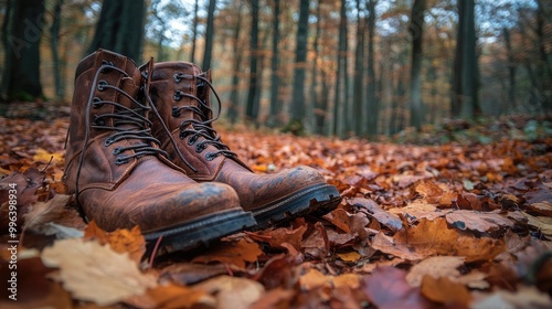 Worn leather boots resting on a forest floor blanketed with autumn leaves capturing the spirit of adventure and outdoor exploration in a rustic natural environment