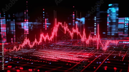 Digital analysis with red graph lines depicting data trends against a modern urban backdrop.