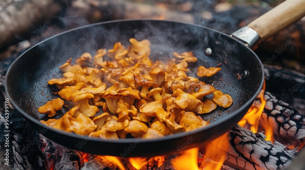 Chanterelle mushrooms cooking in a pan over an outdoor fire Chanterelle mushrooms cooking in a pan over an outdoor fire
