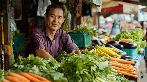 Smiling market vendor behind a stall filled with fresh vegetables including carrots, eggplants, and leafy greens