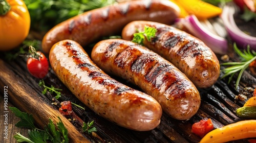 Grilled sausages served with fresh vegetables on a wooden table showcasing an outdoor barbecue theme photo