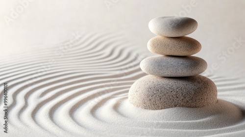 A pile of smooth stones on white sand featuring raked patterns in the background symbolizing meditation and balance with ample space for text