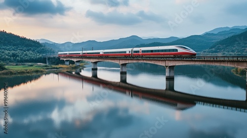 A high-speed passenger train crossing a bridge over a river, reflected in the calm water below as it moves quickly.