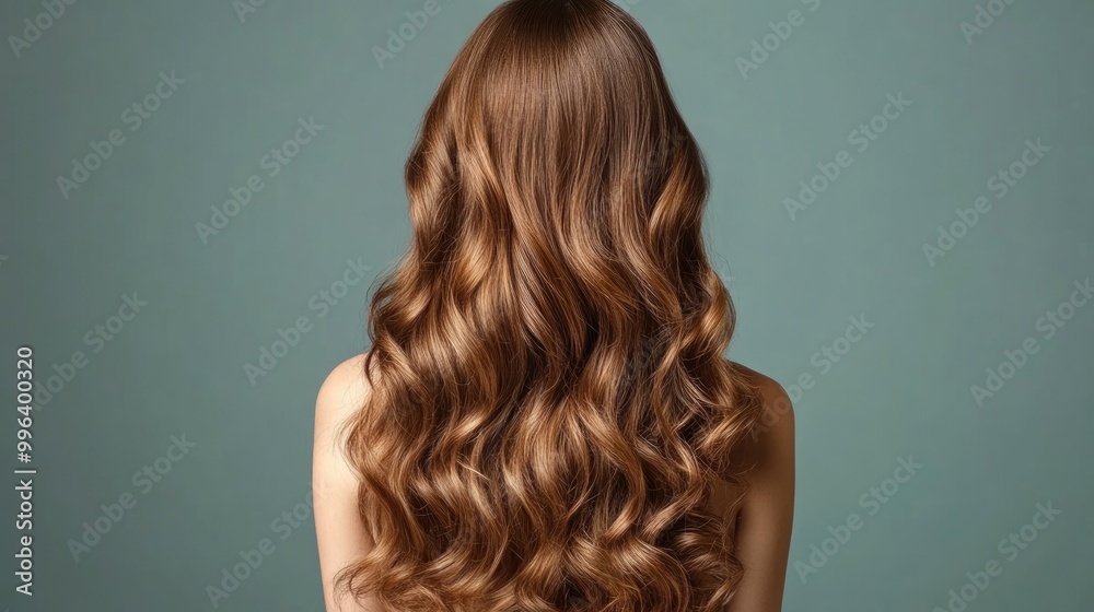 Fototapeta premium Back view of a girl showcasing long shiny healthy curls in beautiful waves