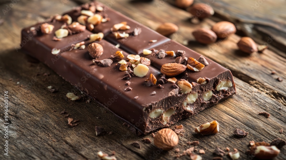 Chocolate bar with nuts placed on a rustic wooden surface captured in close up Focus on food and dessert themes Chocolate bar with nuts placed on a rustic wooden surface captured in close up Focus on food and dessert themes