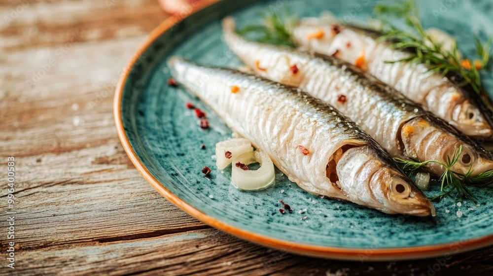 Freshly salted herring with onion served on a turquoise plate against a wooden backdrop showcasing traditional European cuisine Freshly salted herring with onion served on a turquoise plate against a wooden backdrop showcasing traditional European cuisine