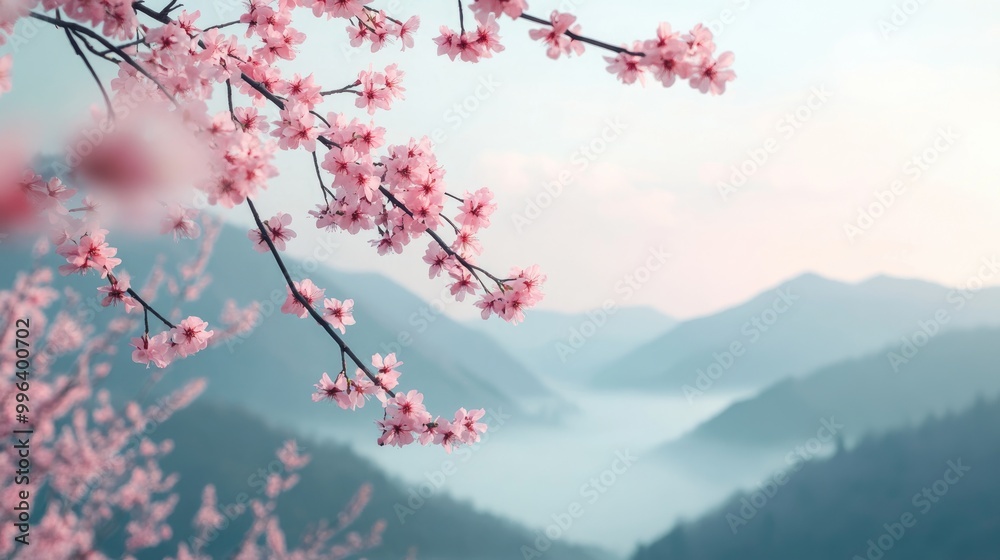 Blooming cherry blossoms with pink petals in a minimalist style against a misty mountain backdrop and clear sky in pastel tones Blooming cherry blossoms with pink petals in a minimalist style against a misty mountain backdrop and clear sky in pastel tones