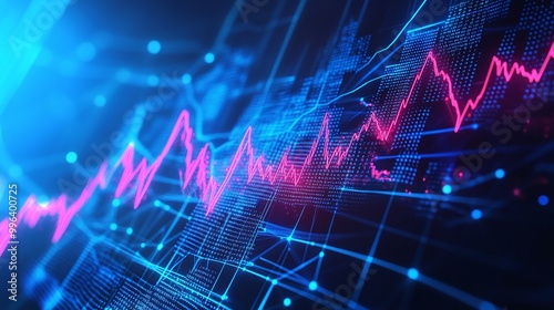 Digital data visualization with glowing lines and charts representing market trends and statistics.