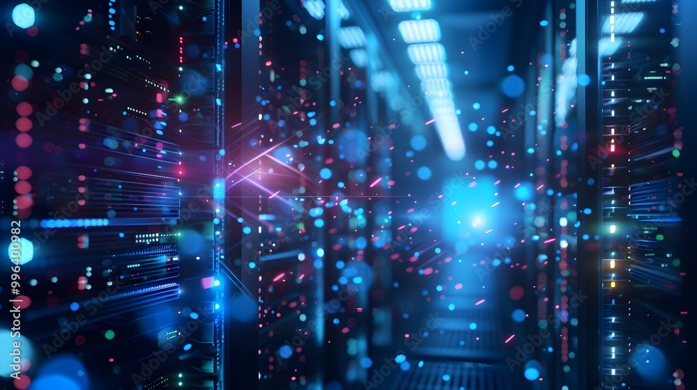 Obraz premium Futuristic Data Center with Quantum Processors Visualizing Entangled Data Particles Transmitting Instantly