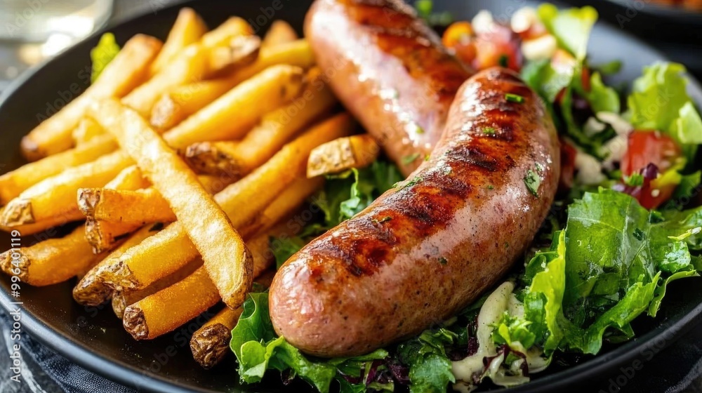 Grilled sausage served with crispy French fries and a fresh green salad Grilled sausage served with crispy French fries and a fresh green salad