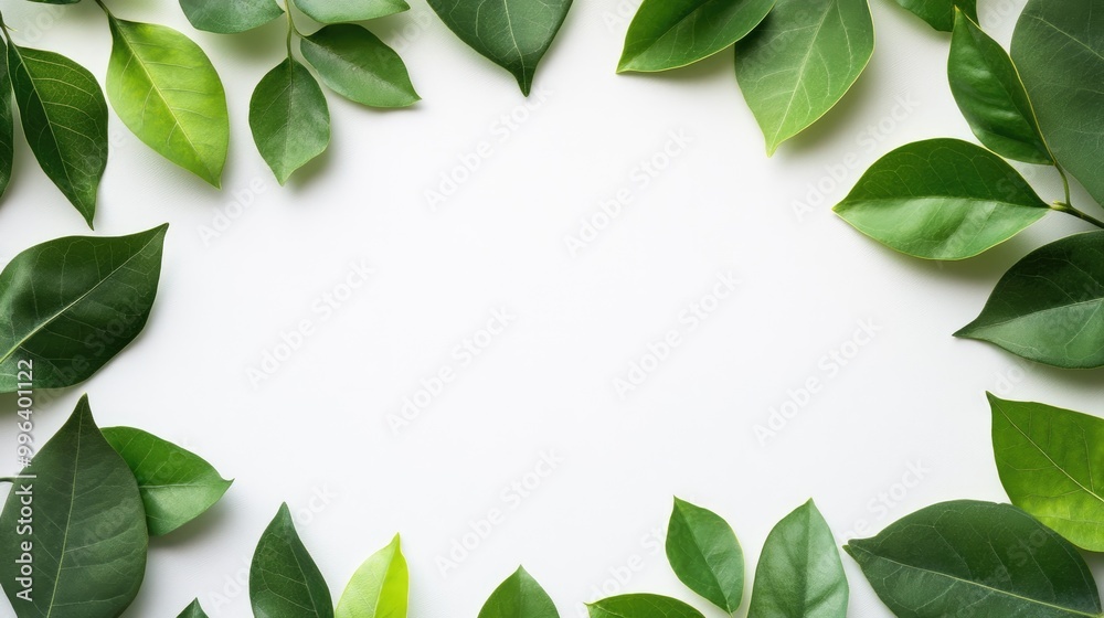 Naklejka premium Green leaf border frame flat lay composition showcasing freshness with ample copy space for card invitations or product display design concepts