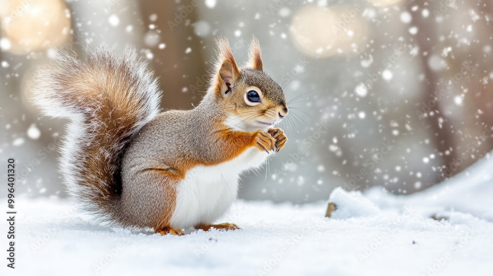 Adorable fluffy squirrel on white snow in a winter woodland setting Adorable fluffy squirrel on white snow in a winter woodland setting