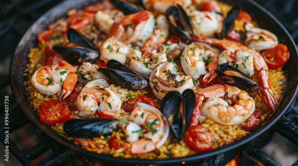 Seafood paella in a pan a culinary masterpiece featuring saffron infused rice and an abundance of fresh seafood Seafood paella in a pan a culinary masterpiece featuring saffron infused rice and an abundance of fresh seafood