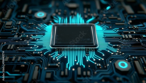 Close-up of a microprocessor on a circuit board, blue glow.