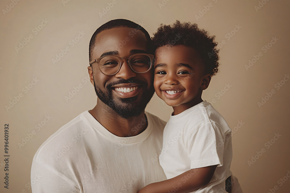 Mixed racial Father and cute son smiling and interacting in front of a plain background, dressed in simple clothes, captured in a family photo portrait shoot showcasing their joyful bond Mixed racial Father and cute son smiling and interacting in front of a plain background, dressed in simple clothes, captured in a family photo portrait shoot showcasing their joyful bond