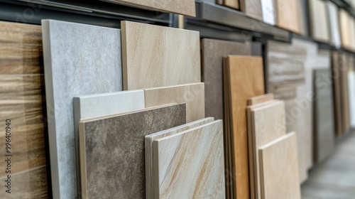 Close up display of porcelain tile samples in a retail setting