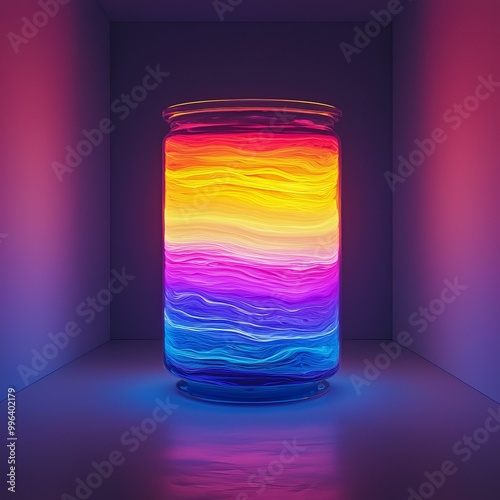 Colorful jar with wavy patterns, vibrant lighting effects. photo