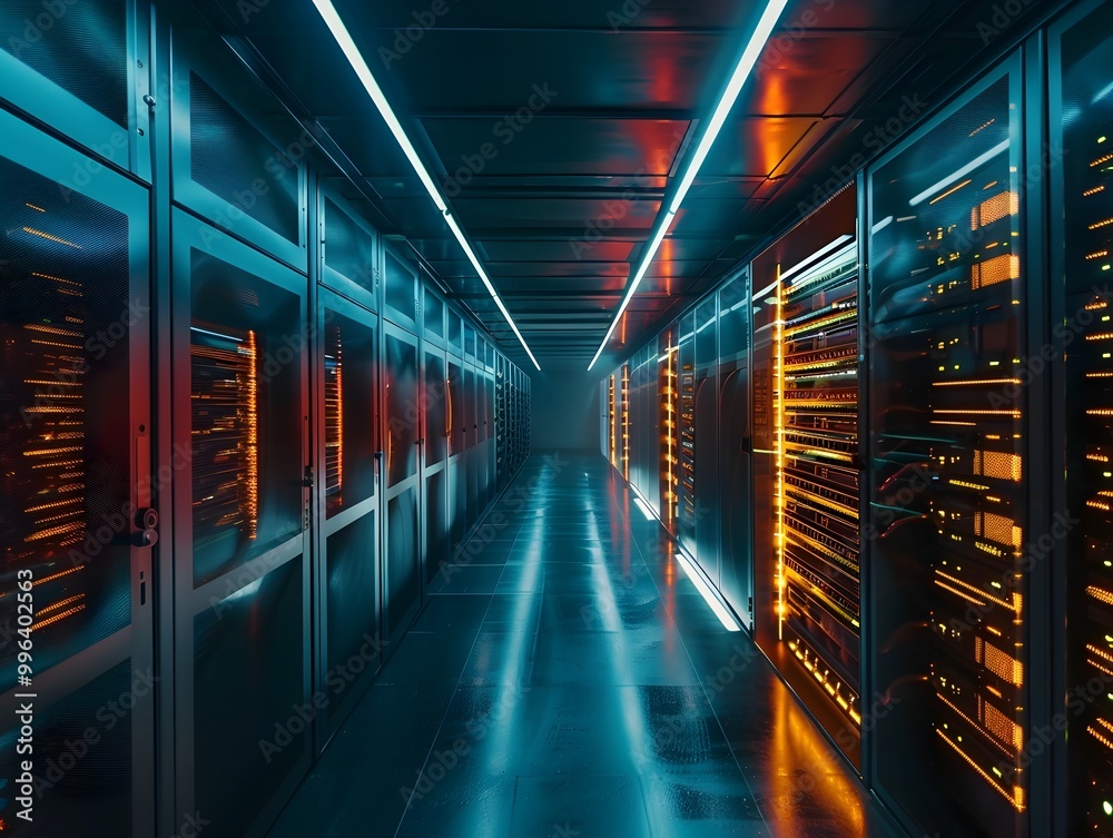 Fototapeta premium Futuristic Quantum Internet Server Room with Entangled Photon Generators and Luminous Cables