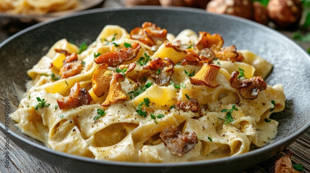 Pappardelle pasta served with a creamy cheese sauce and fresh chanterelle mushrooms Pappardelle pasta served with a creamy cheese sauce and fresh chanterelle mushrooms