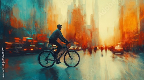 Wallpaper Mural Man Cycling to Work in Busy City Digital Art Torontodigital.ca