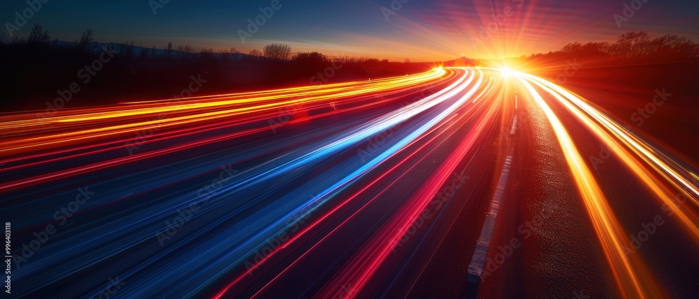Vibrant Light Trails on a Urban Highway at Sunset Vibrant Light Trails on a Urban Highway at Sunset